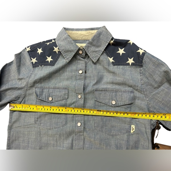 COMMANDER LIFE womens whistle chambray denim USA stars button long sleeve shirt - Picture 5 of 6